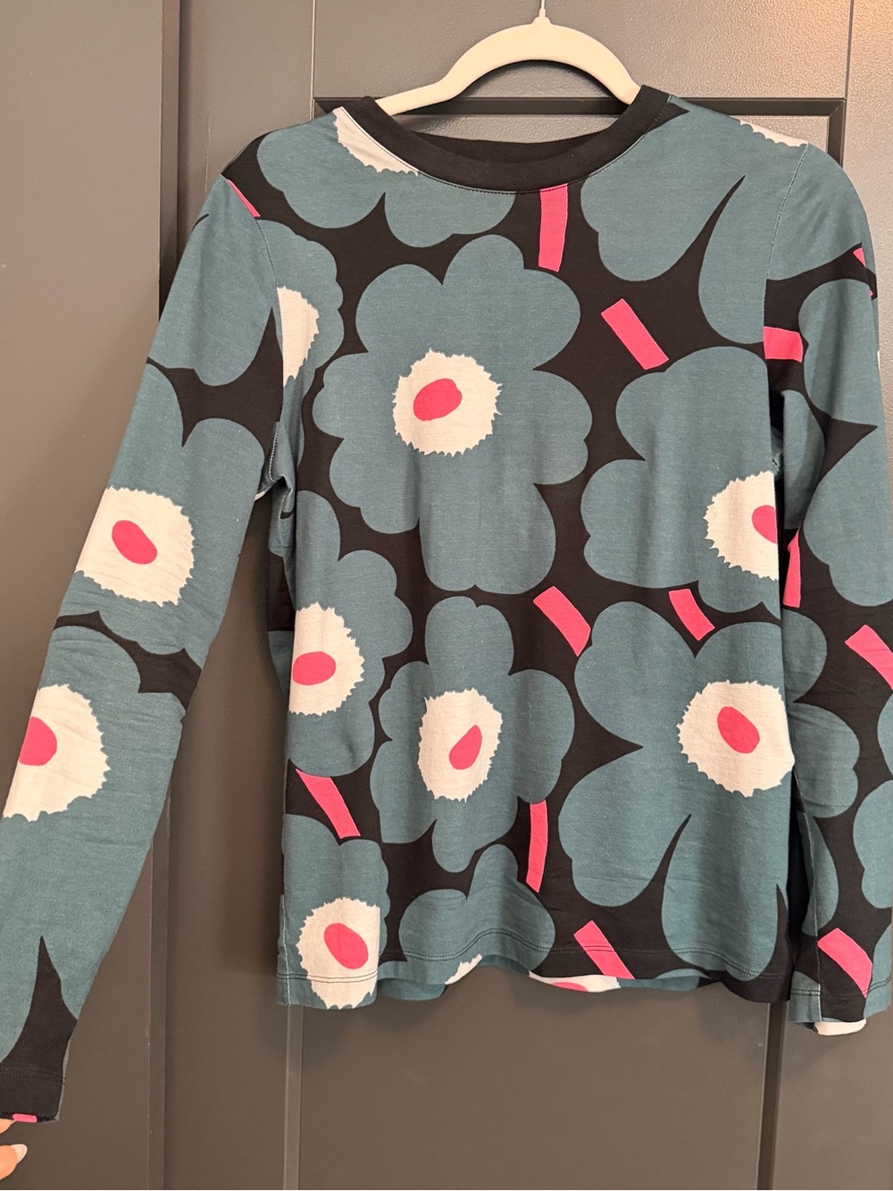 $225 Marimekko Unikko Teal Pink Floral Long-Sleeve Top S